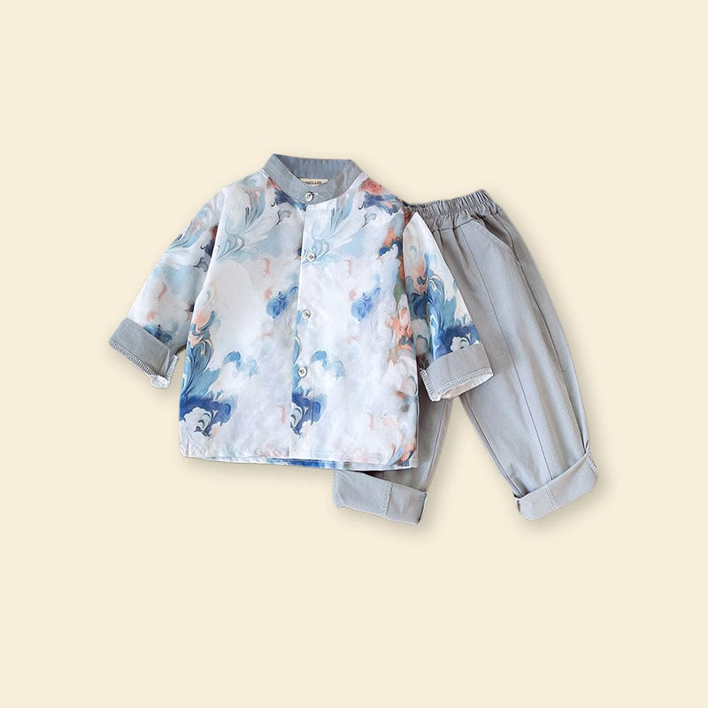 Boys Blue Printed Long Sleeves Shirt With Trouser Sets   