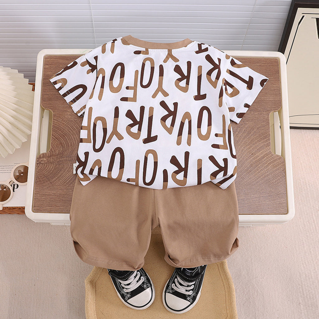 Boys Khaki Printed Short Sleeves T-Shirt With Shorts Set Sets Khaki 1-2 Y 