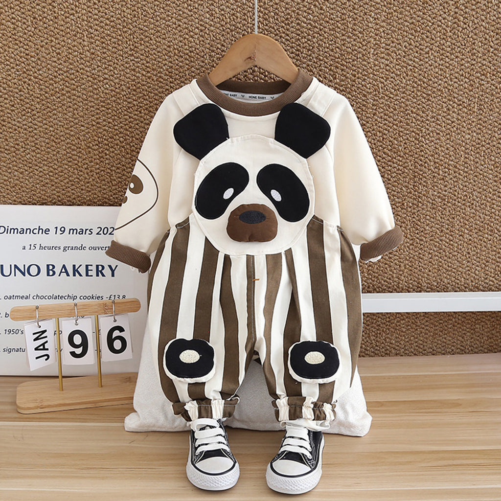 Boys Brown Striped Panda Applique Sweatshirt & Dungaree Set Sets Brown 1-2 Y 