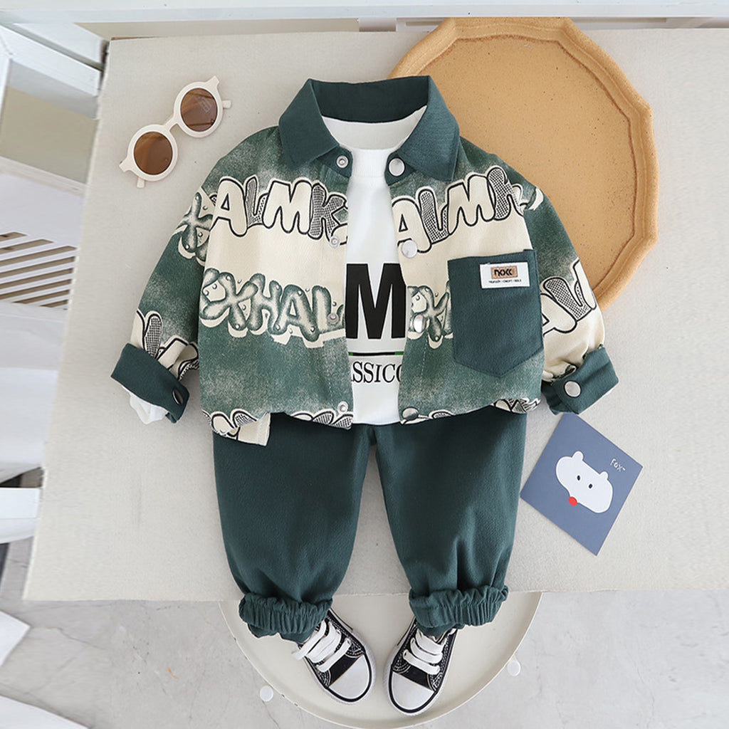 Boys Long Sleeve Printed Dark Green Shirt With T-Shirt & Pants Set Sets Dark Green 1-2 Y 