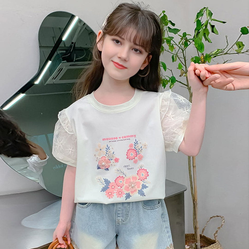 Girls Net Sleeves Floral Printed Trendy Summer Fashion Top