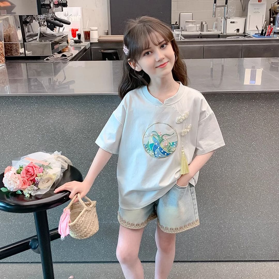 Girls Embroidered Light Green Top With Elasticated Denim Shorts Set Sets   