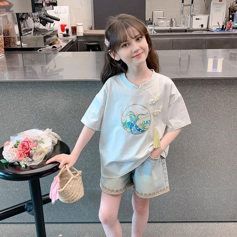 Girls Embroidered Light Green Top With Elasticated Denim Shorts Set Sets   