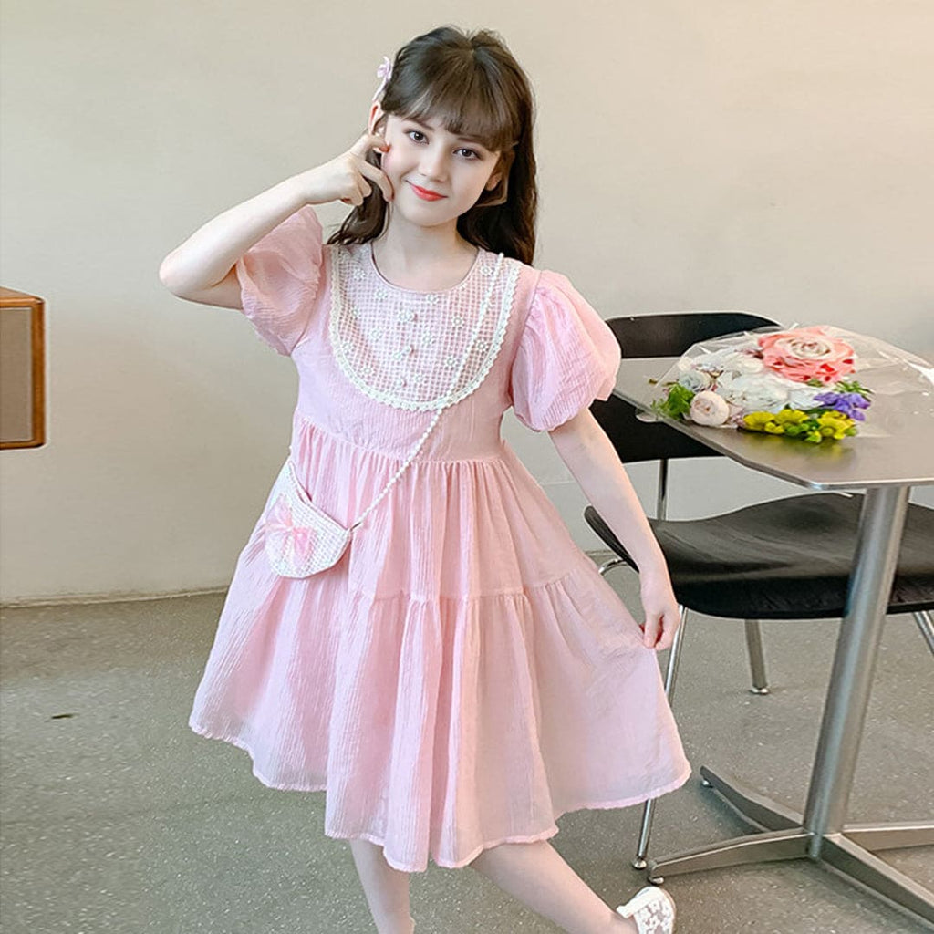 Girls Embroidered Fit & Flare Pink Summer Casual Dress