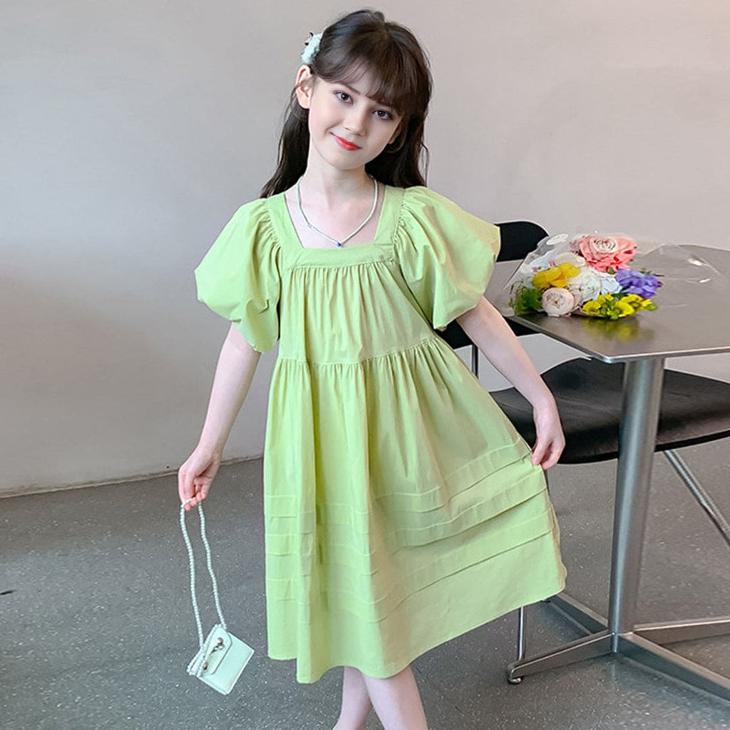 Girls Puff Sleeves Green Casual Summer Dress