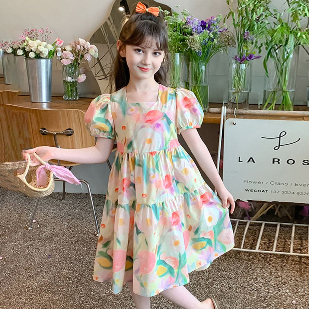 Girls Floral Printed Layered Summer Casual Dress