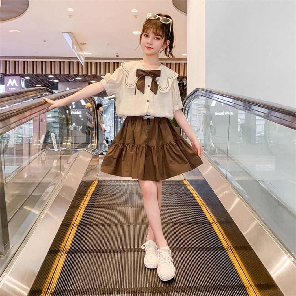 Girls Brown Bow Tie Top with Skirt Set