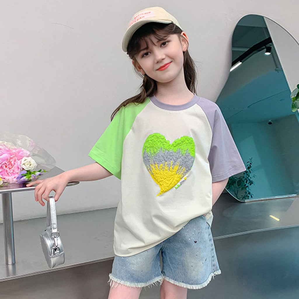Girls Short Sleeved Heart Print Trendy Summer Fashion Top