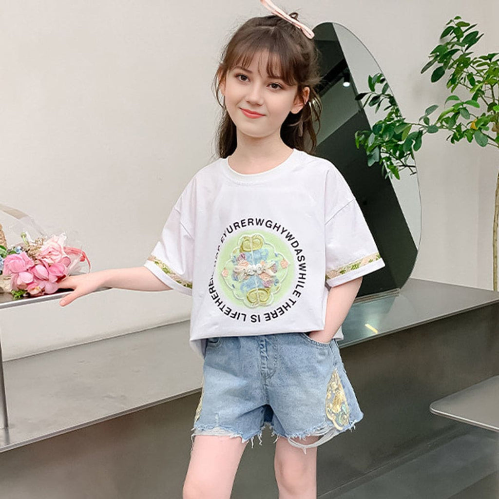 Girls Short Sleeved Floral Embroidered Trendy Summer Fashion Top