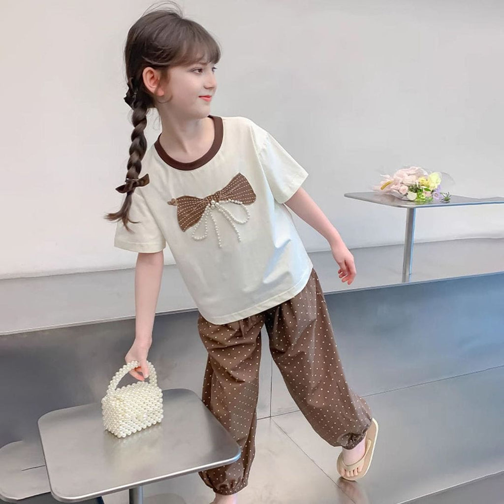 Girls Pearl Bow Top With Elasticated Jogger Set