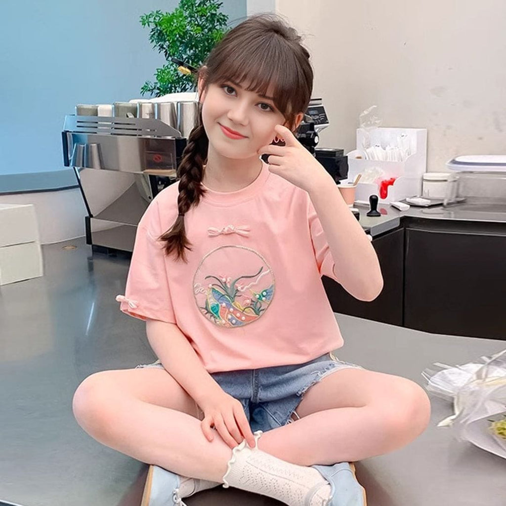 Girls Short Sleeved Embroidered Bow Trendy Summer Fashion T-Shirt