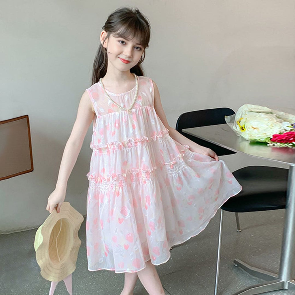 Girls Floral Printed Sleeveless Flared Princess Casual Summer Dress