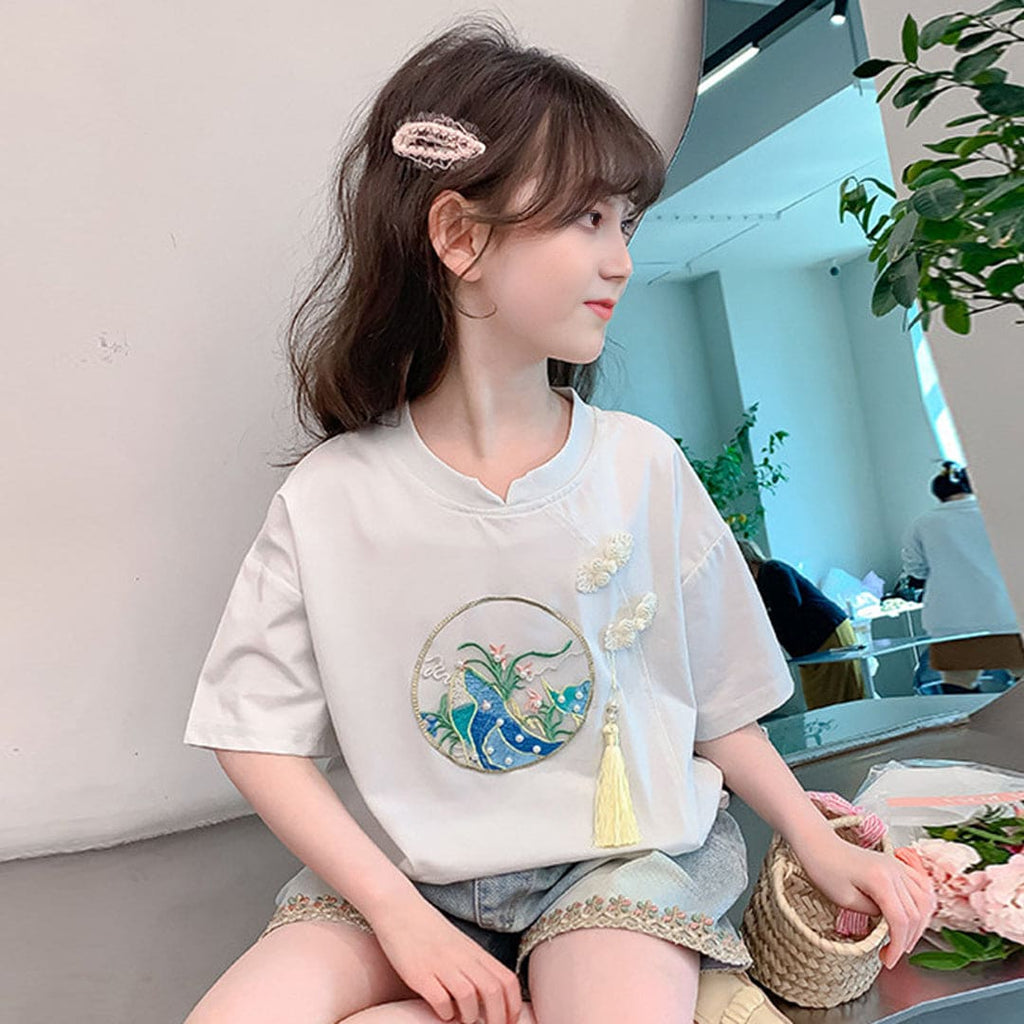 Girls Embroidered Light Green Top With Elasticated Denim Shorts Set Sets   