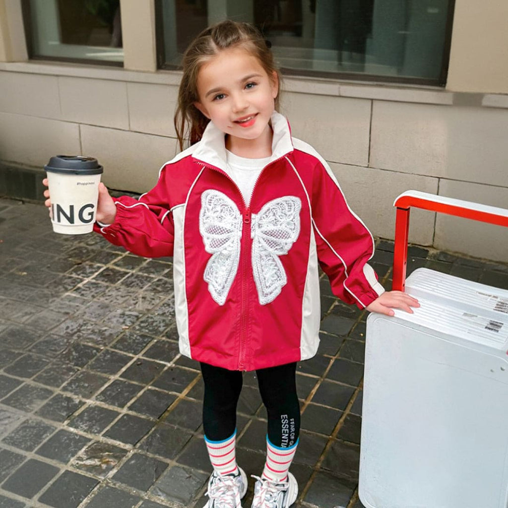 Girls Red Butterflies Embroidered Full Sleeves Jacket Coats & Jackets Red 1-2 Y