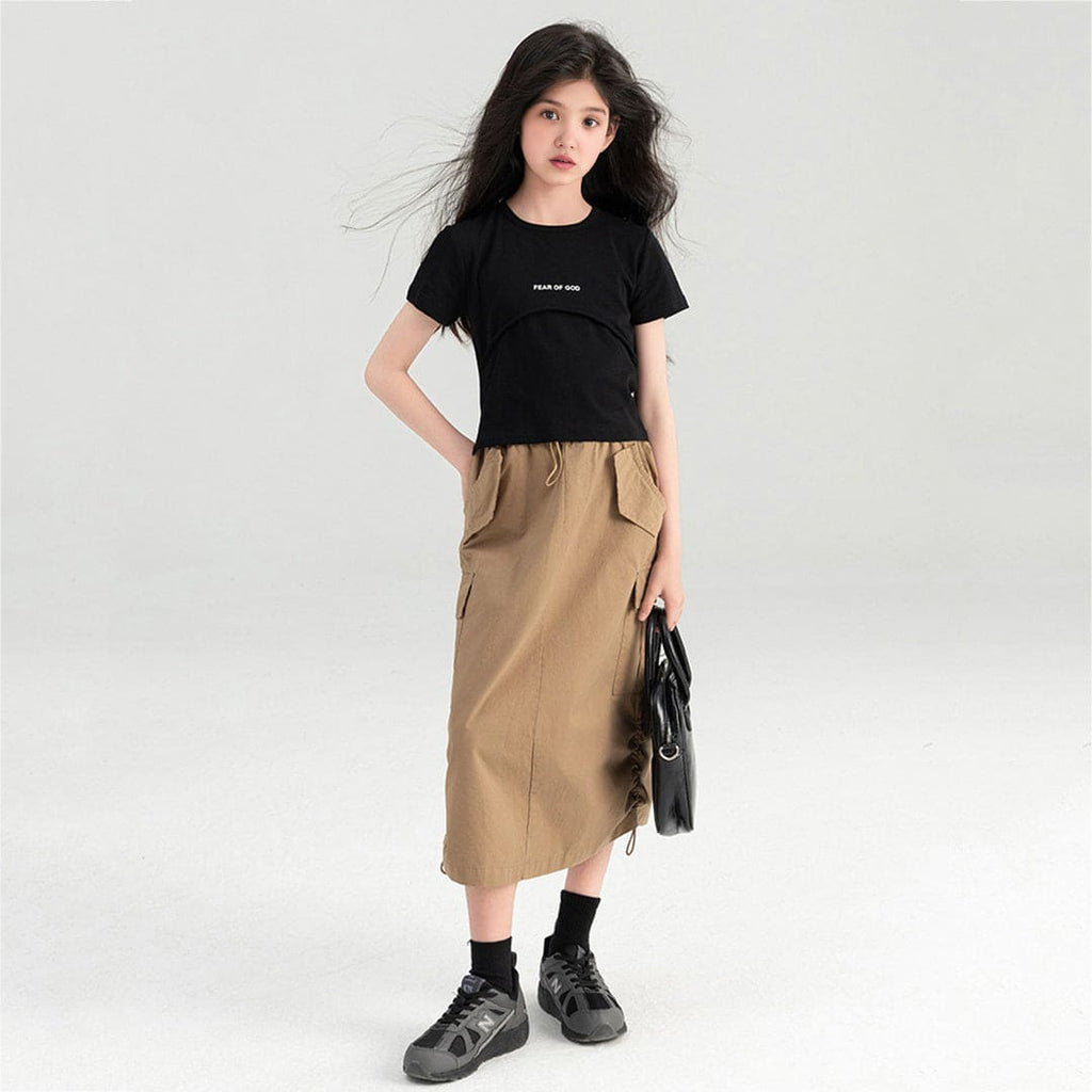 Girls Cargo-Pocket Elasticated Long Skirt With Back Slit