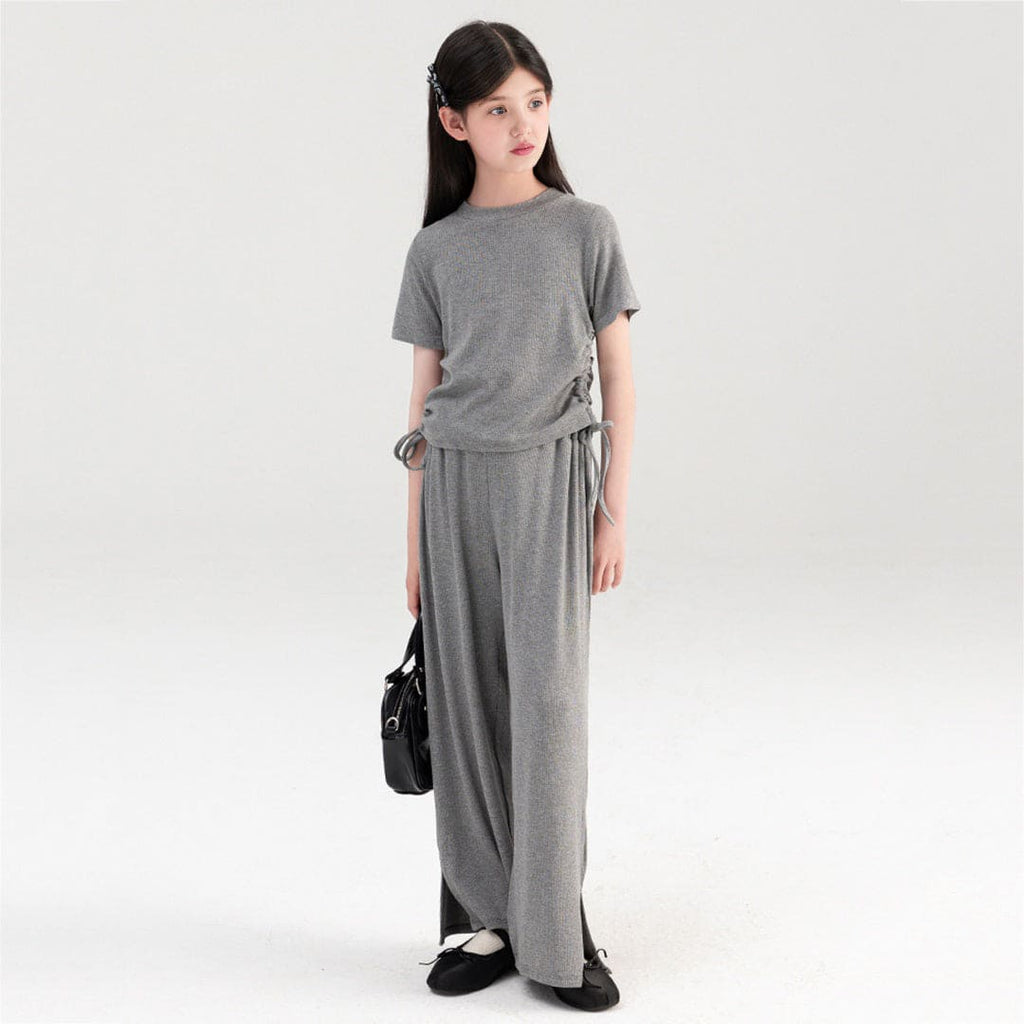 Girls Grey Side Tie-Up Top with Flared Pants Co-Ord Set