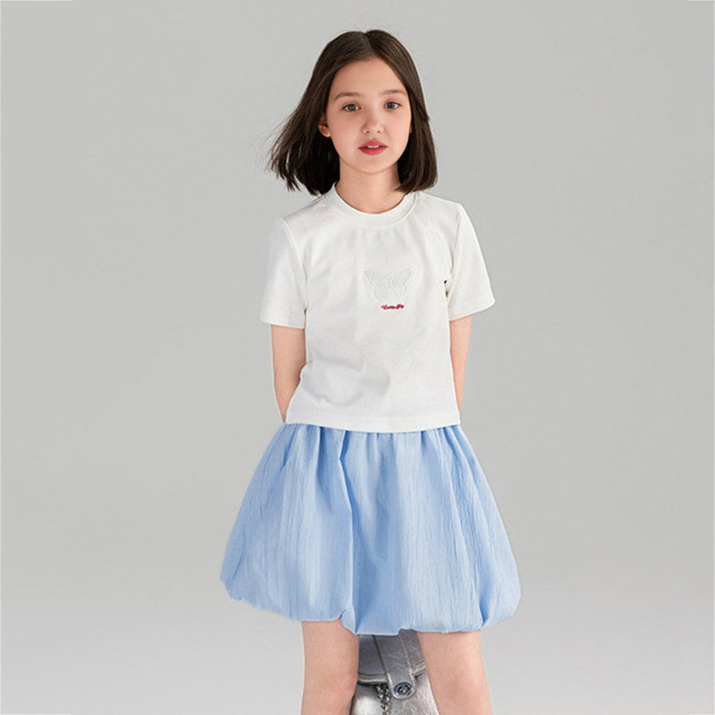 Girls White Butterfly Embroidered Short Sleeves T-shirt