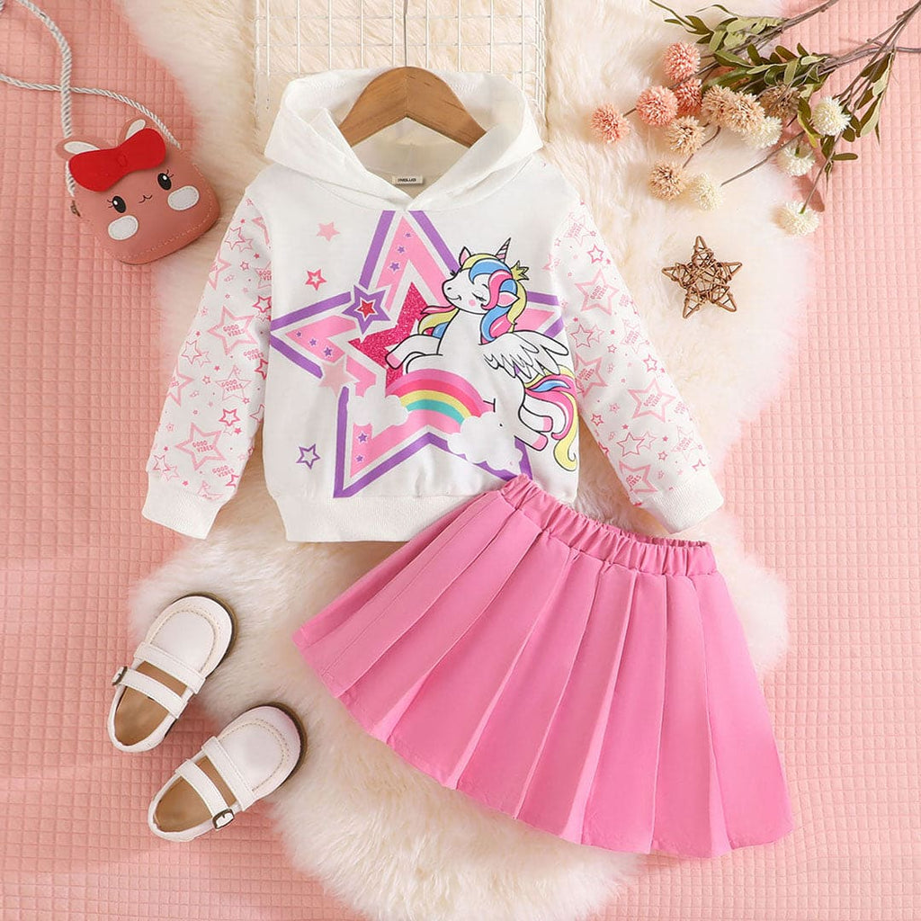 Girls Pink Unicorn Printed Sweatshirt with Pleated Skirt Set Sets Pink 1-2 Y 