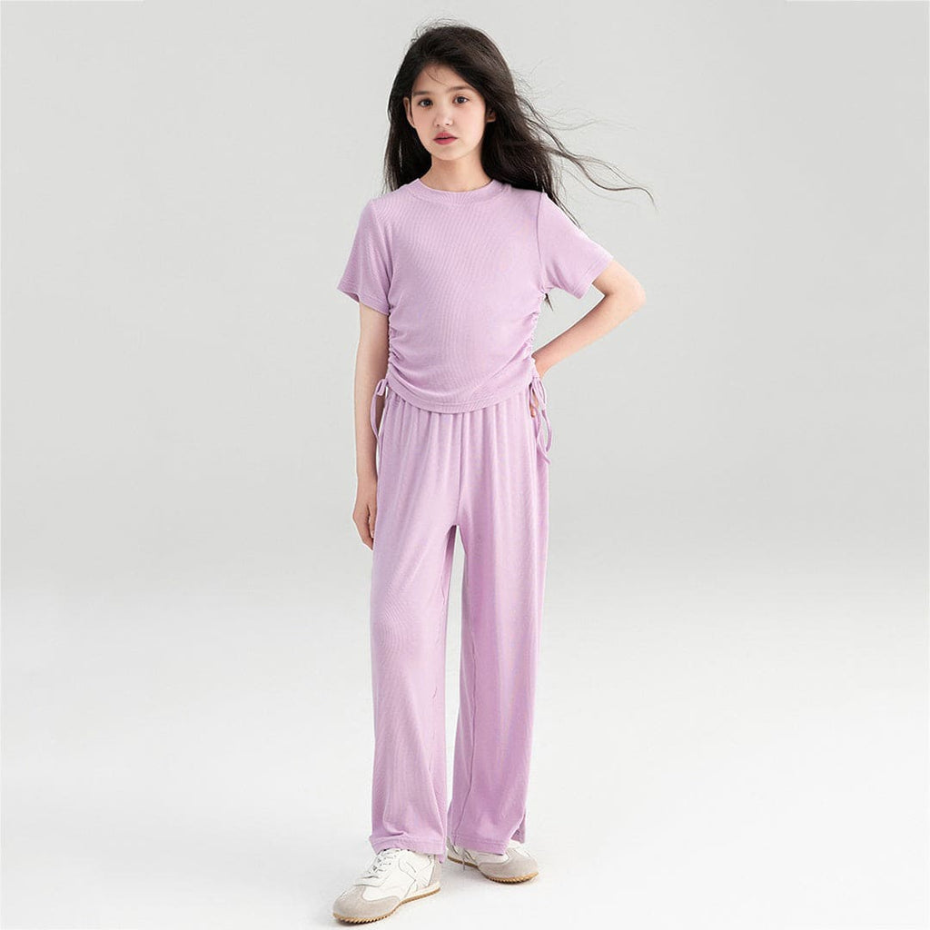 Girls Purple Side Tie-Up Top with Flared Pants Co-Ord Set