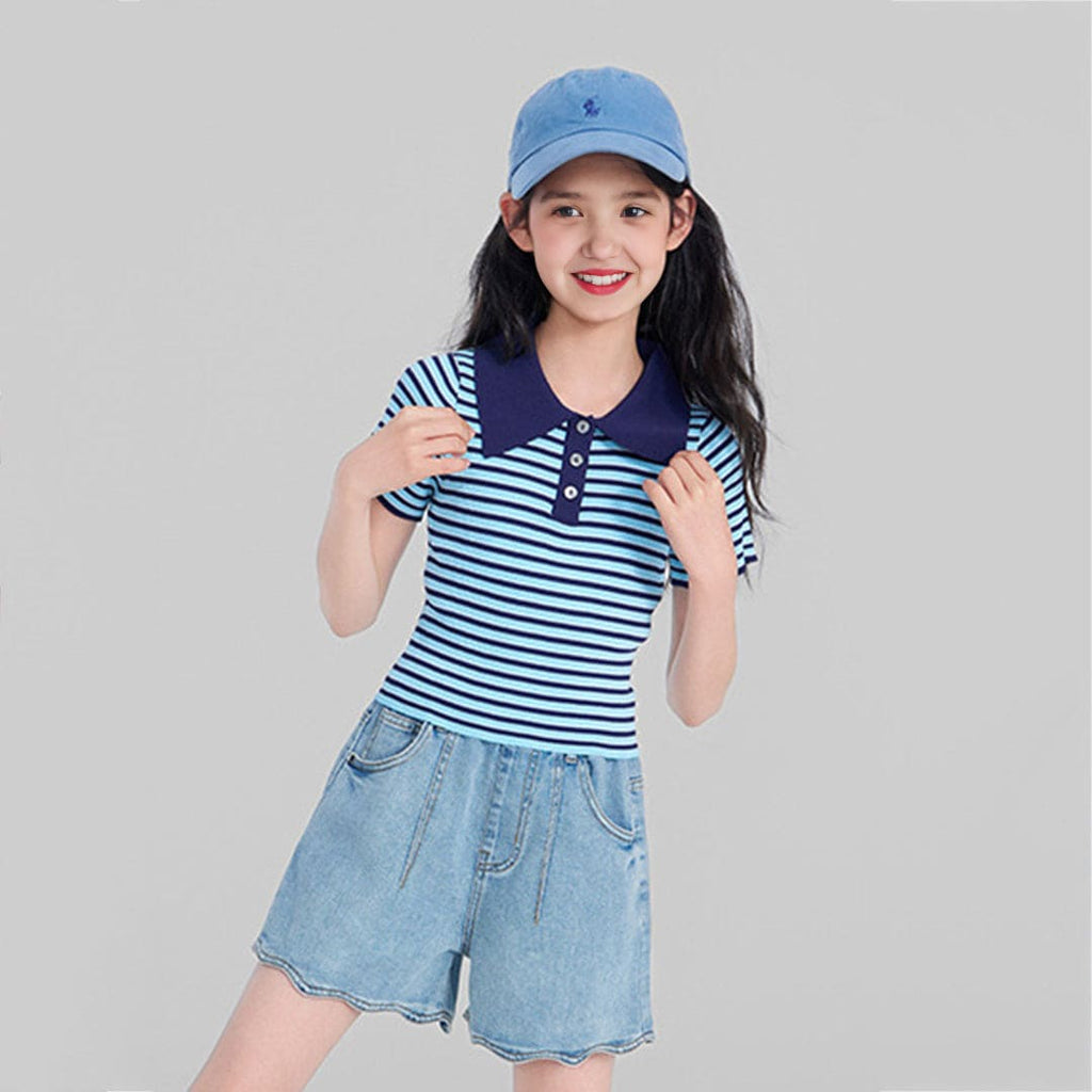 Girls Elasticated Scalloped Hem Denim Shorts Shorts   
