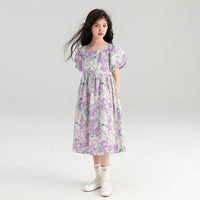 Girls Purple Floral Print Puff Sleeves Fit & Flare Dress Casual Dresses   