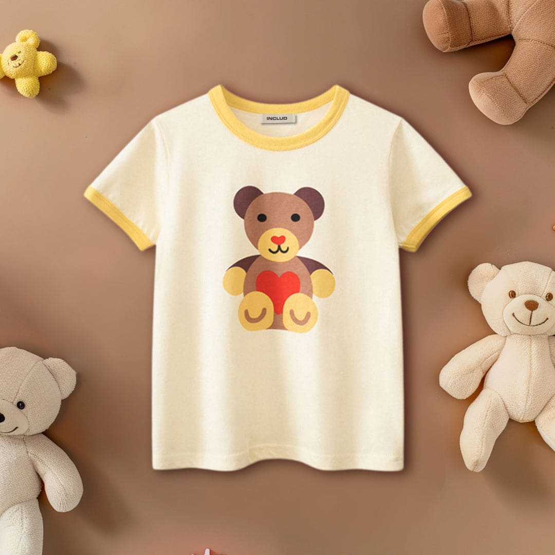 Girls Teddy Print Short Sleeves T-Shirt Tshirts Apricot 1-2 Y 