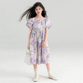 Girls Purple Floral Print Puff Sleeves Fit & Flare Dress Casual Dresses Purple 3-4 Y 