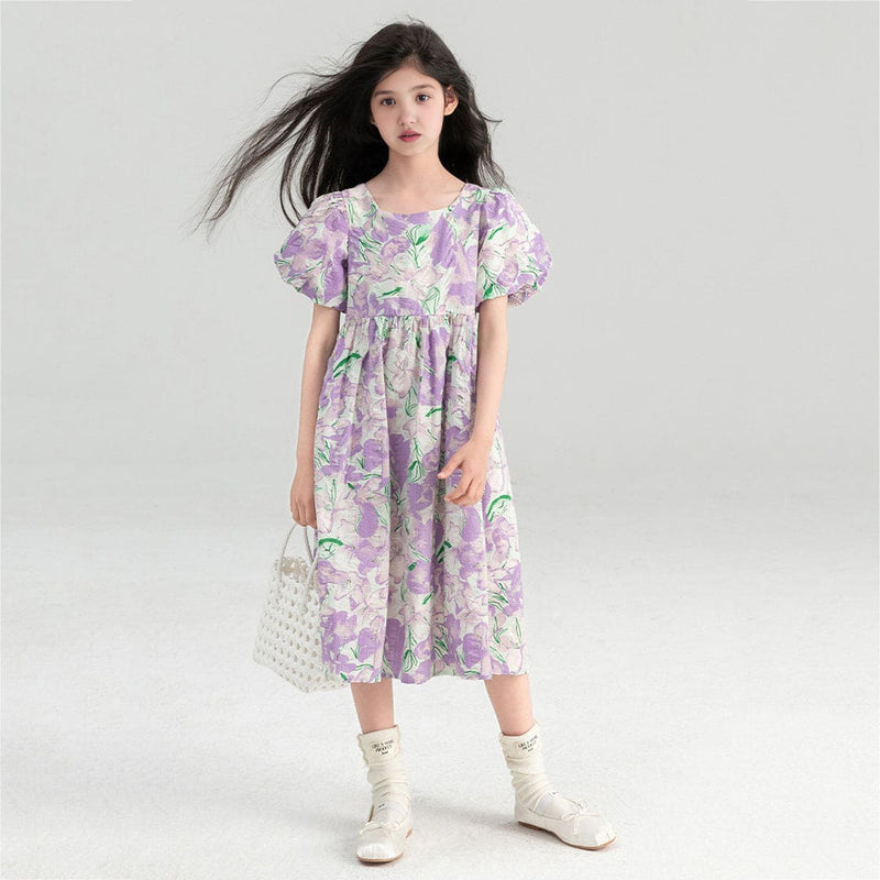 Girls Purple Floral Print Puff Sleeves Fit & Flare Dress Casual Dresses Purple 3-4 Y 