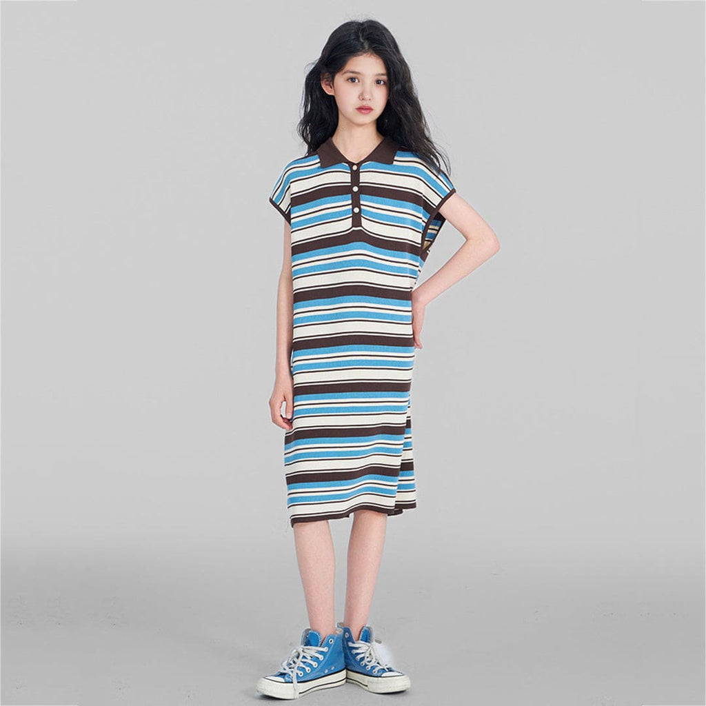 Girls Blue Striped Short Sleeves T-Shirt Dress