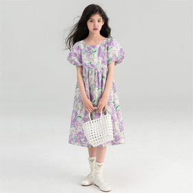 Girls Purple Floral Print Puff Sleeves Fit & Flare Dress Casual Dresses   