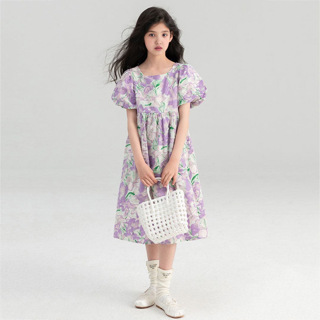 Girls Purple Floral Print Puff Sleeves Fit & Flare Dress Casual Dresses   