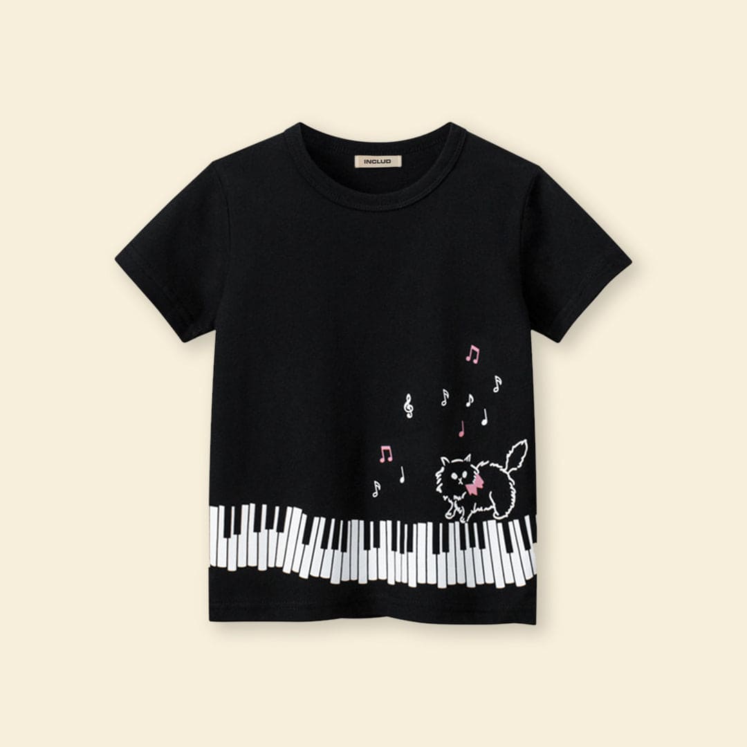 Girls Cat Print Short Sleeves T-shirt Tshirts   
