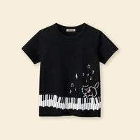 Girls Cat Print Short Sleeves T-shirt Tshirts   