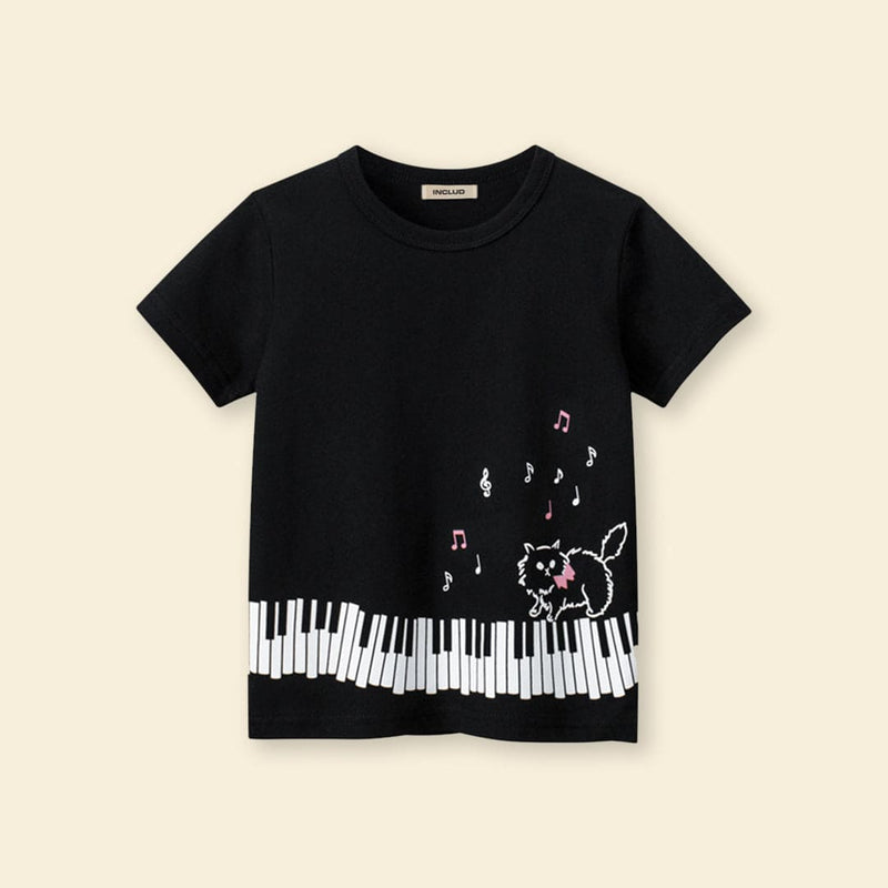 Girls Cat Print Short Sleeves T-shirt Tshirts   