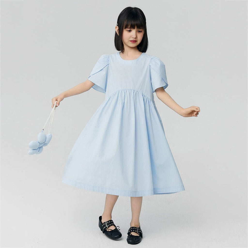 Girls Blue Solid Tulip Sleeves Flared Dress