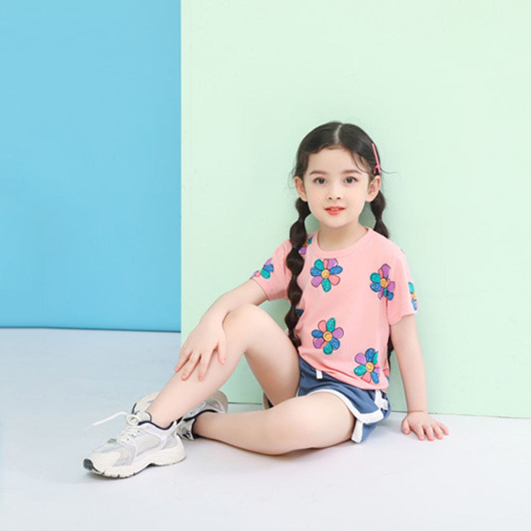 Girls Floral Print Short Sleeves T-Shirt Tshirts   