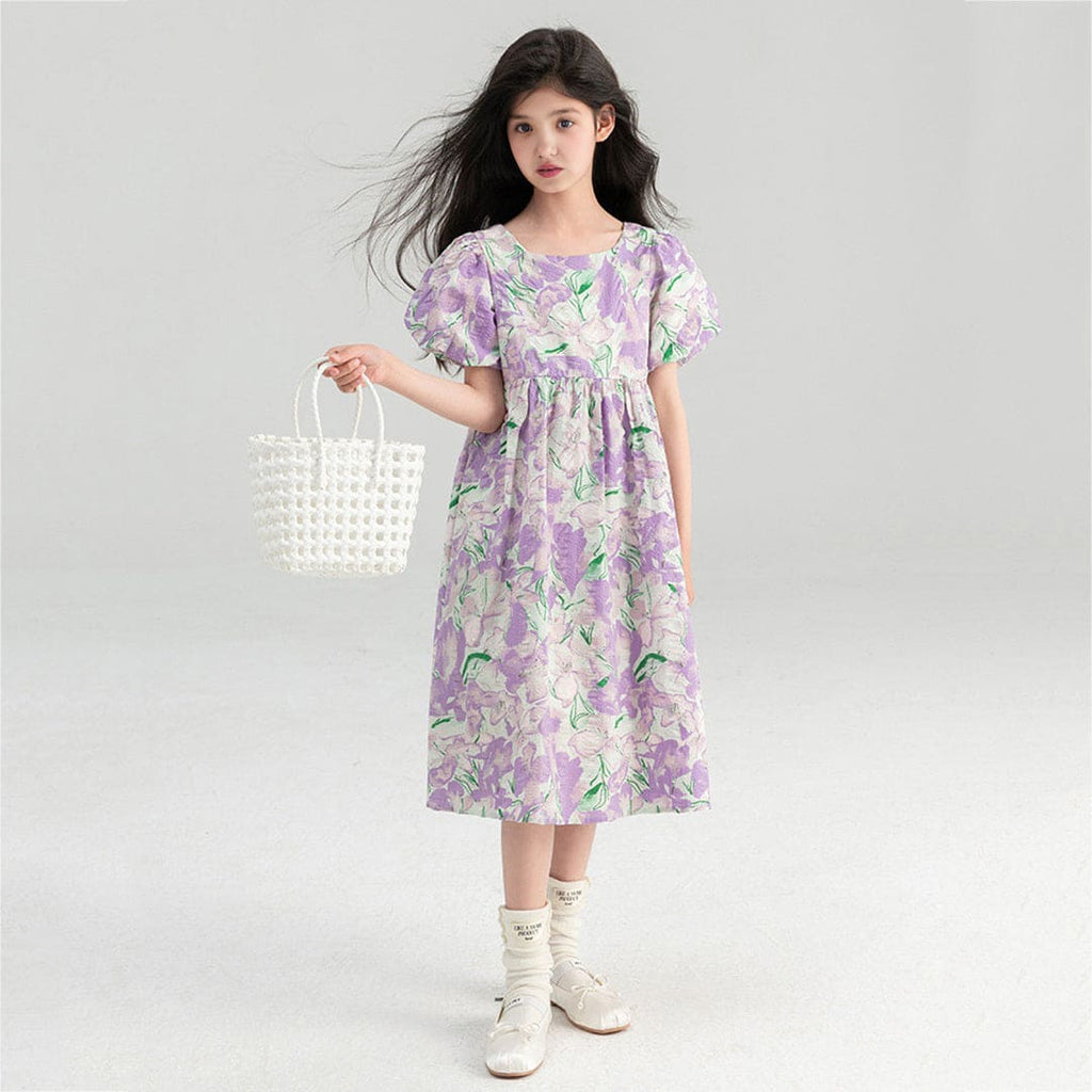 Girls Purple Floral Print Puff Sleeves Fit & Flare Dress Casual Dresses   