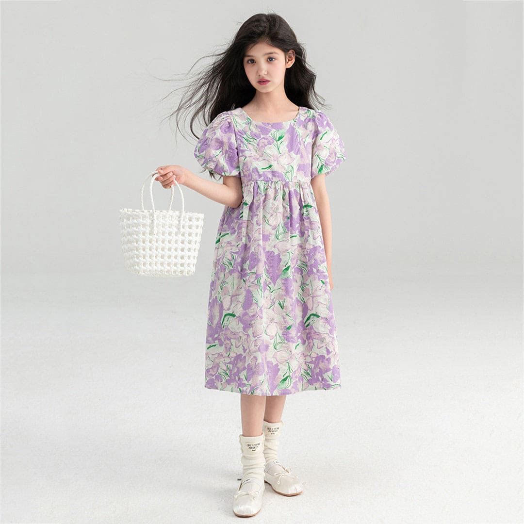 Girls Purple Floral Print Puff Sleeves Fit & Flare Dress Casual Dresses   