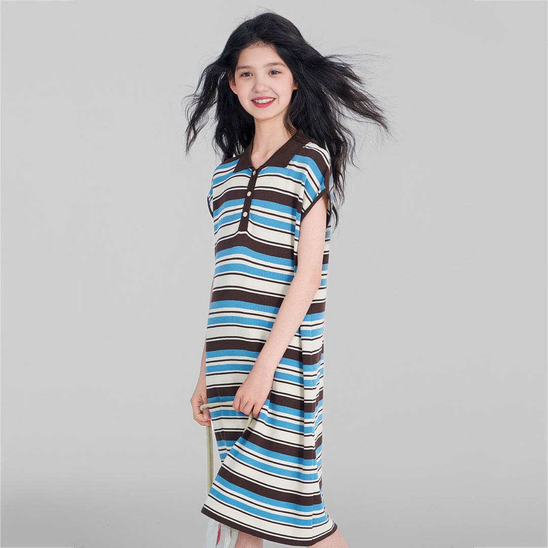 Girls Blue Striped Short Sleeves T-Shirt Dress Casual Dresses   