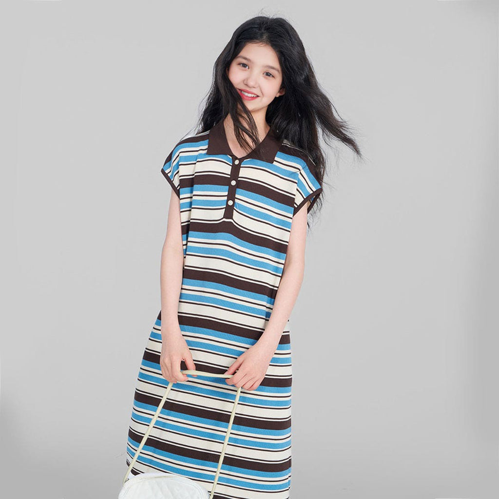 Girls Blue Striped Short Sleeves T-Shirt Dress Casual Dresses   