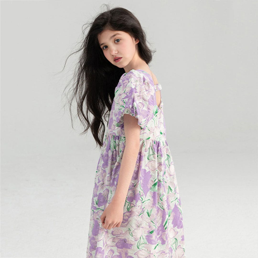 Girls Purple Floral Print Puff Sleeves Fit & Flare Dress Casual Dresses   