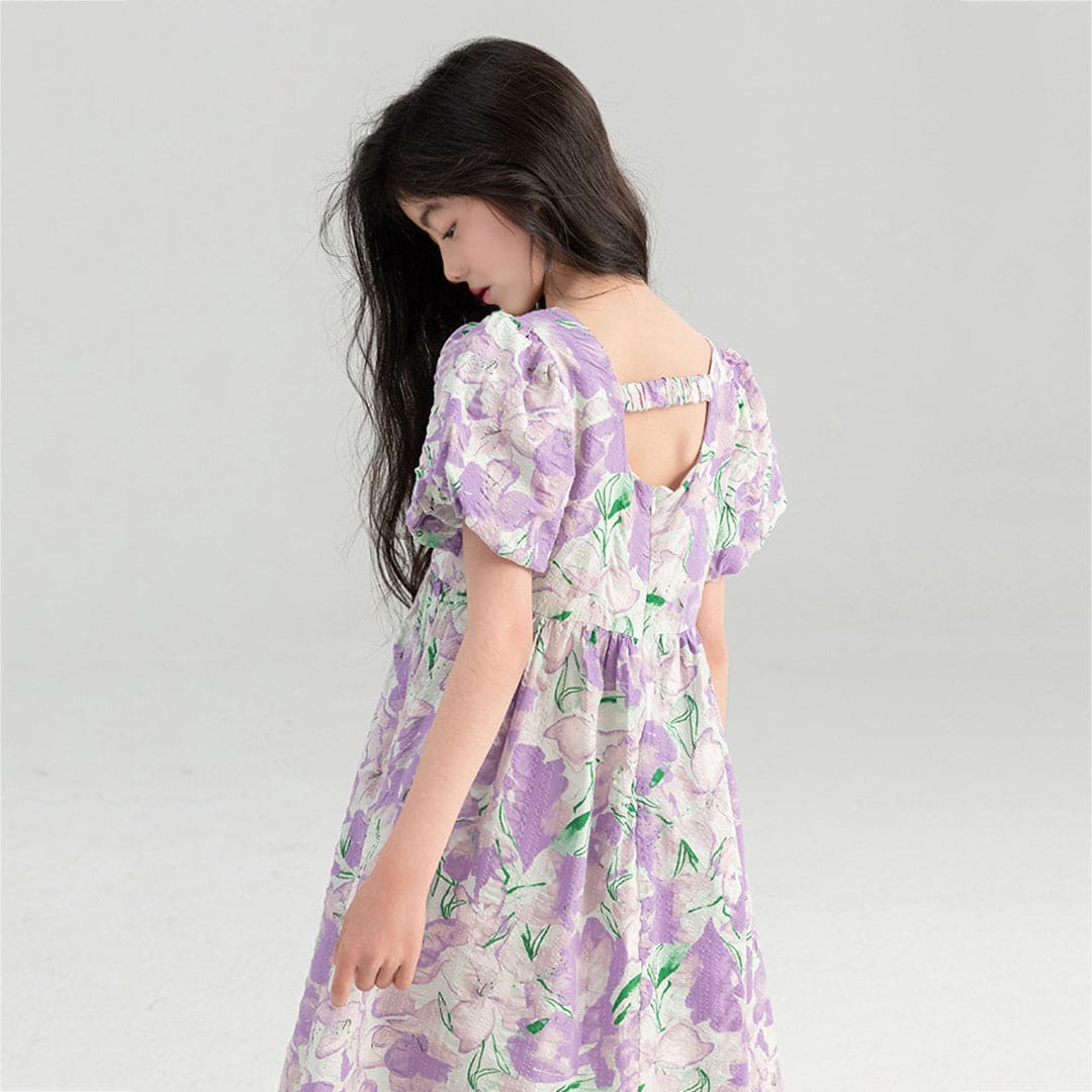 Girls Purple Floral Print Puff Sleeves Fit & Flare Dress Casual Dresses   