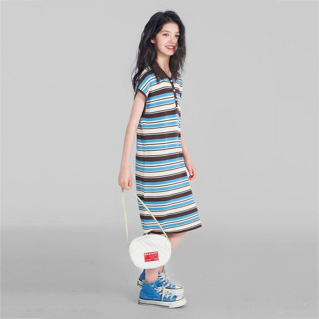 Girls Blue Striped Short Sleeves T-Shirt Dress Casual Dresses   