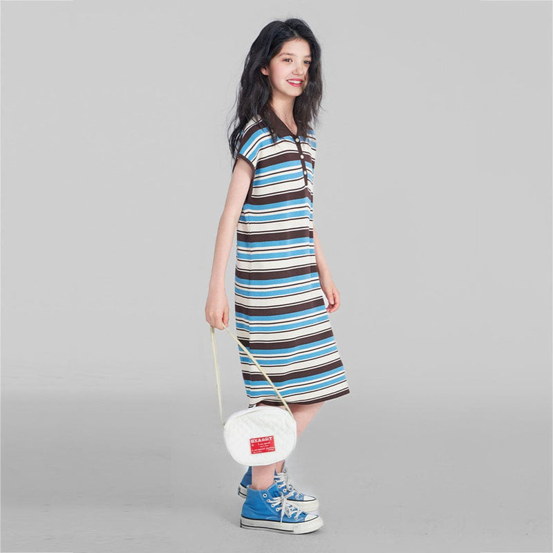 Girls Blue Striped Short Sleeves T-Shirt Dress Casual Dresses   