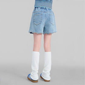 Girls Elasticated Scalloped Hem Denim Shorts Shorts   