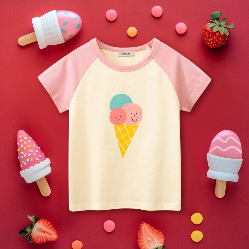 Girls Beige Ice-Cream Print Raglan Sleeves T-Shirt