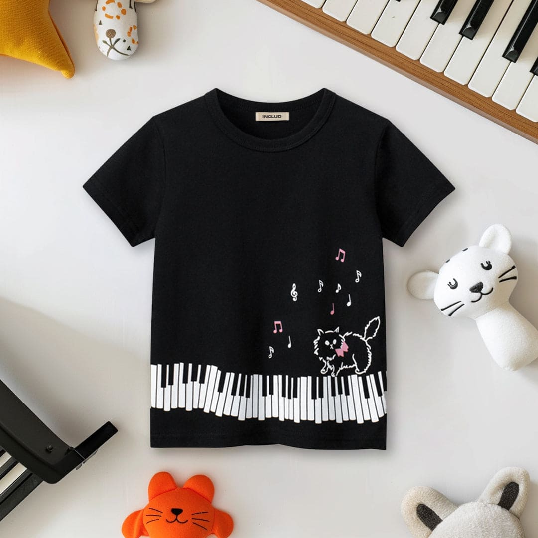 Girls Cat Print Short Sleeves T-shirt Tshirts Black 1-2 Y 