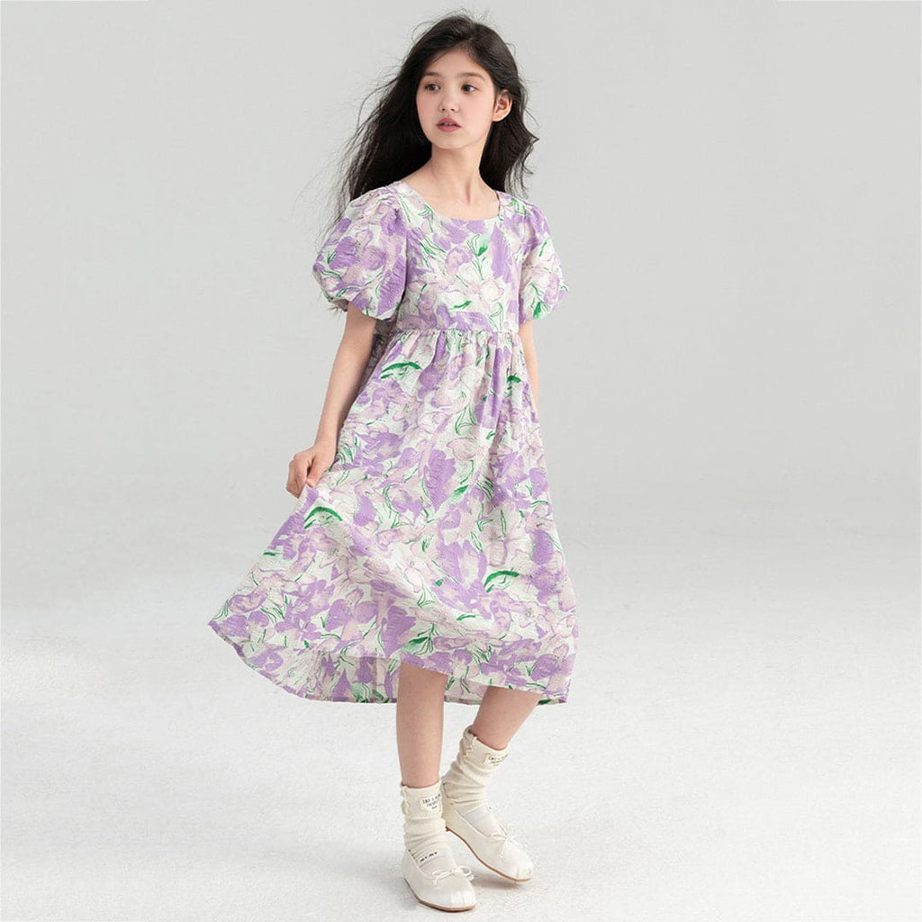 Girls Purple Floral Print Puff Sleeves Fit & Flare Dress Casual Dresses   