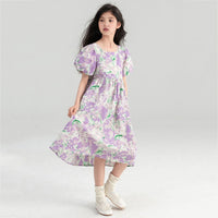 Girls Purple Floral Print Puff Sleeves Fit & Flare Dress Casual Dresses   