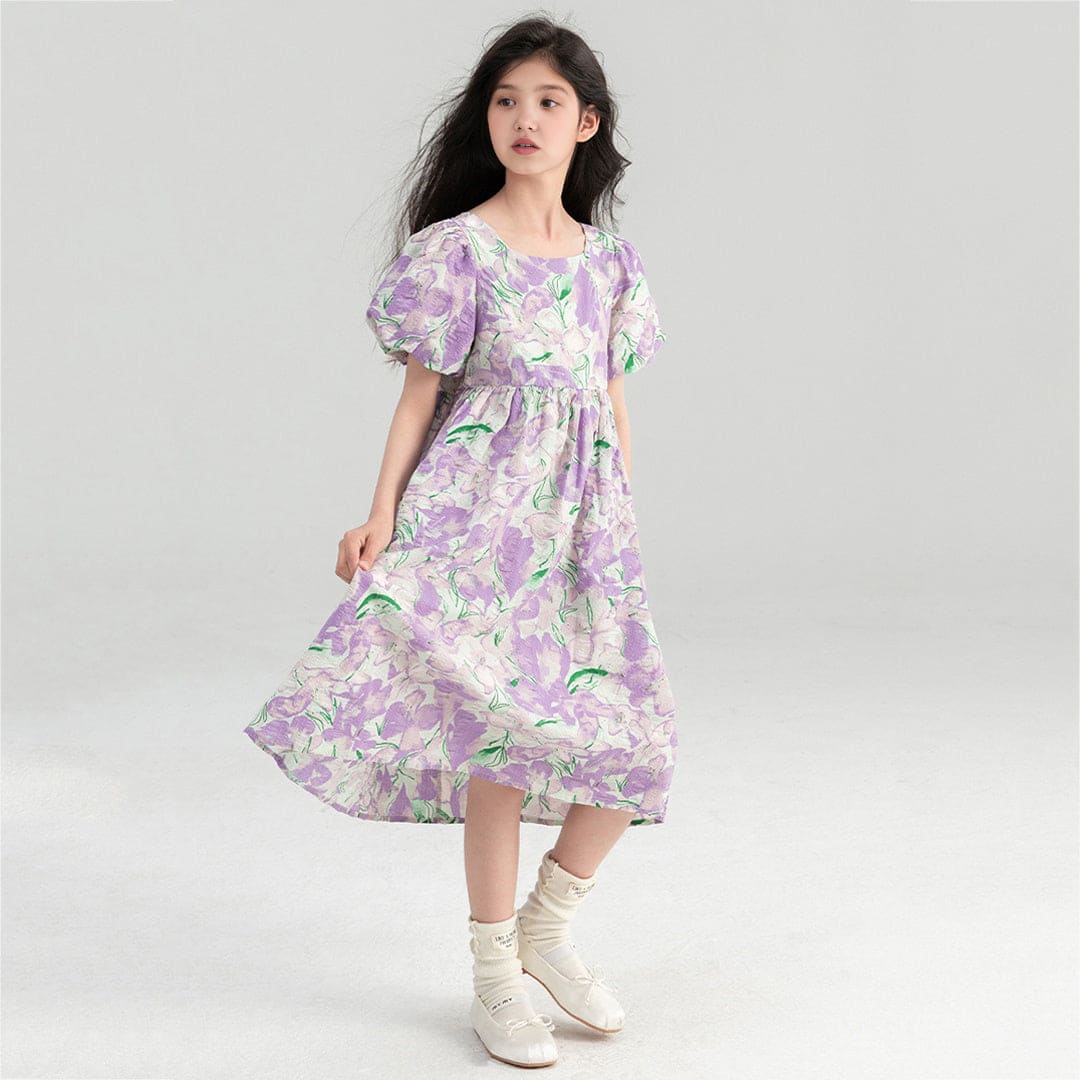Girls Purple Floral Print Puff Sleeves Fit & Flare Dress Casual Dresses   